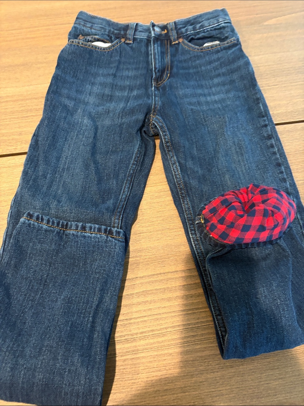 Lands' End Dark Blue Jeans with Red Plaid Knee Patch